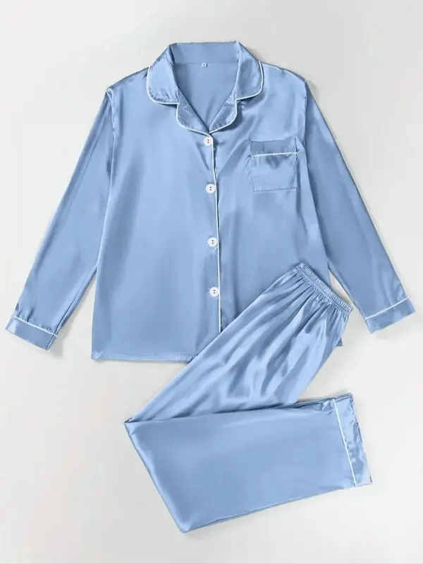 Two-Piece Set Women's Solid Contrast Binding Satin Pyjamas