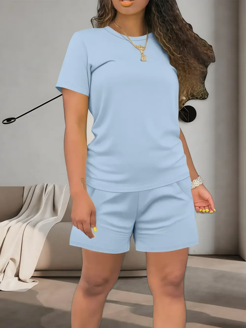 Women's Summer Casual Set, Regular Fit Short Sleeve Top & Shorts, Plain Color Women's