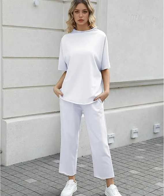 Women's 2 Piece Outfits Lounge Set 3/4 Batwing Sleeve Capelet Crew Neck Pullover Tops Wide Leg Pants