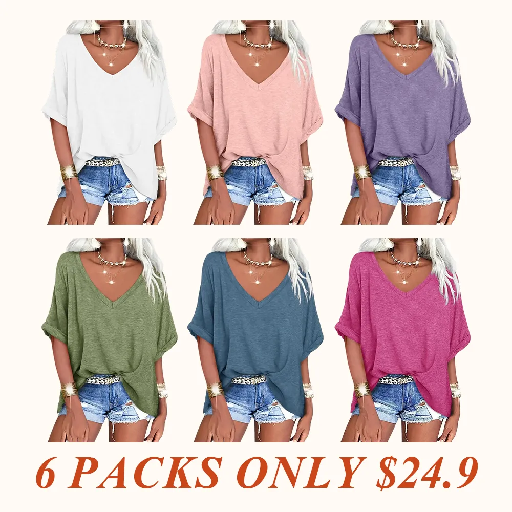Women's Oversized T Shirts V Neck Short Sleeve Summer Casual Loose Tops Tees Tshirt Elastic Basic Womenswear