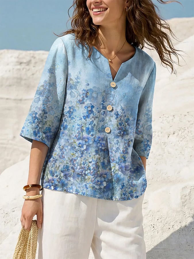 Women's Retro Botanical Flower Print Button Design Shirt- Fast Shipping