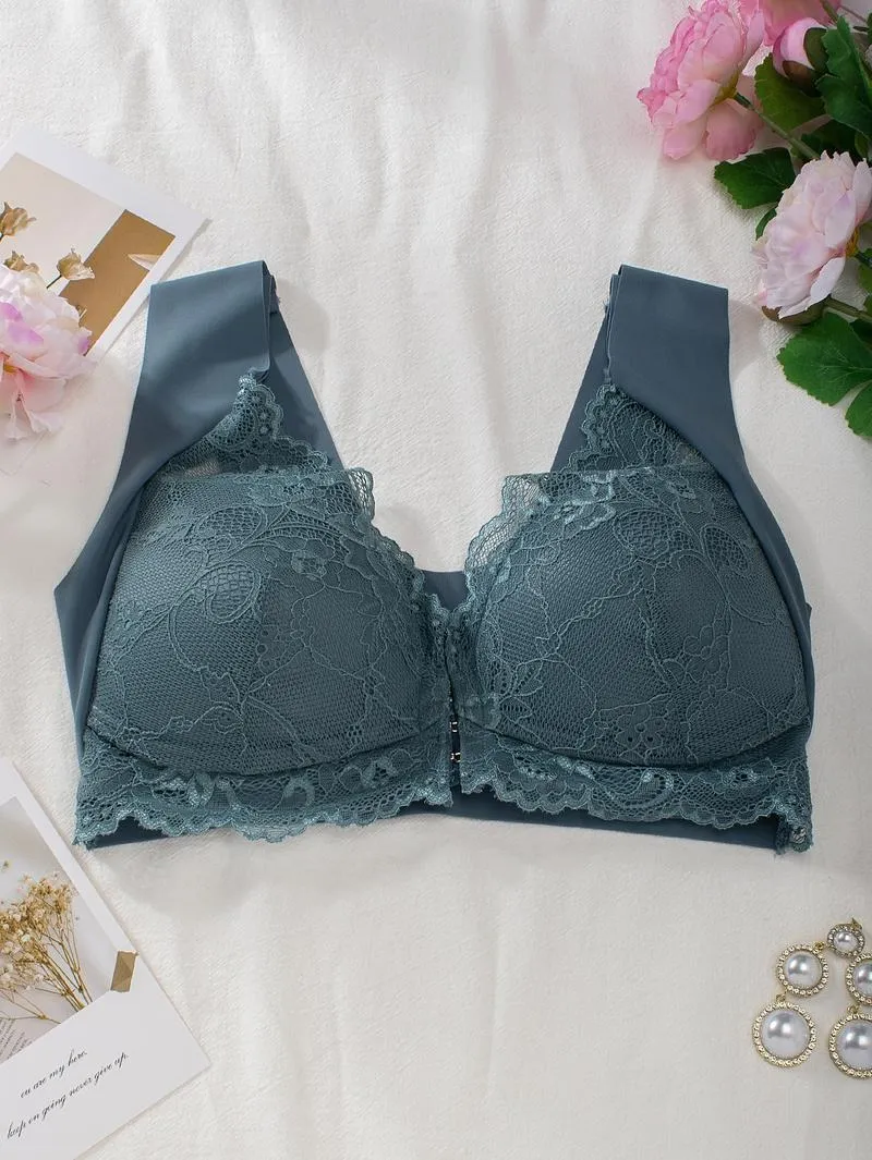 Women's Contrast Lace Hook & Eye Front PushUp Bra