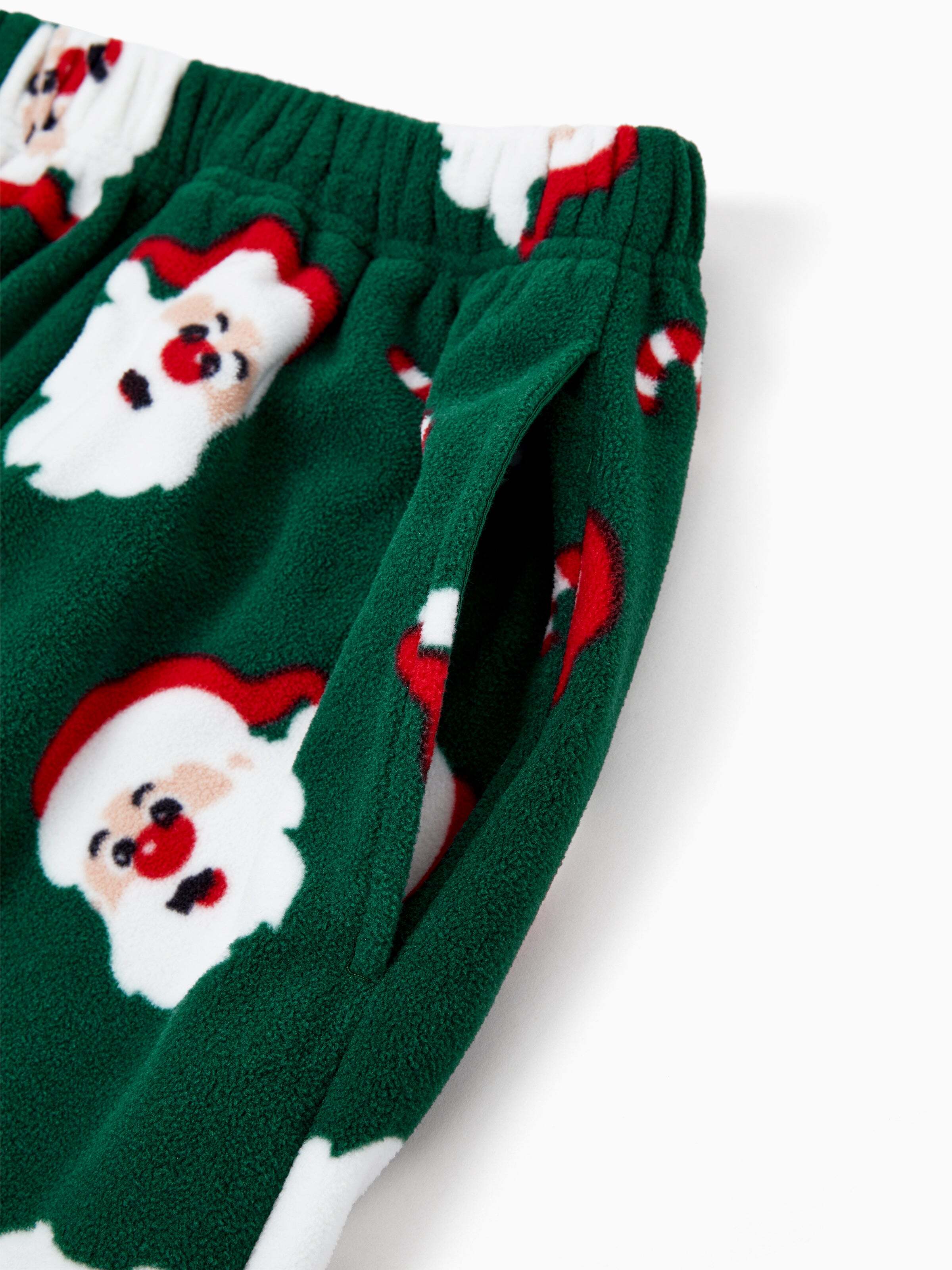 Christmas Matching Family Fleece Pajamas Set Santa Claus and Candy Cane Print PJS with Christmas Socks Dark Green