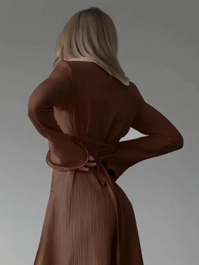 Women's Plain Lace Up Tie Back Flounce Sleeve Dress