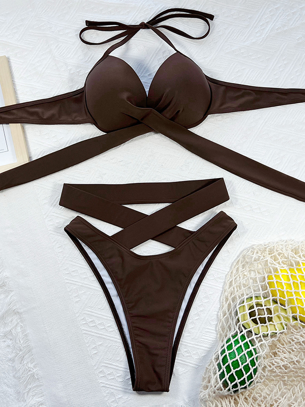 5 Colors Solid Color Bandage Halterneck Bikini Swimsuit