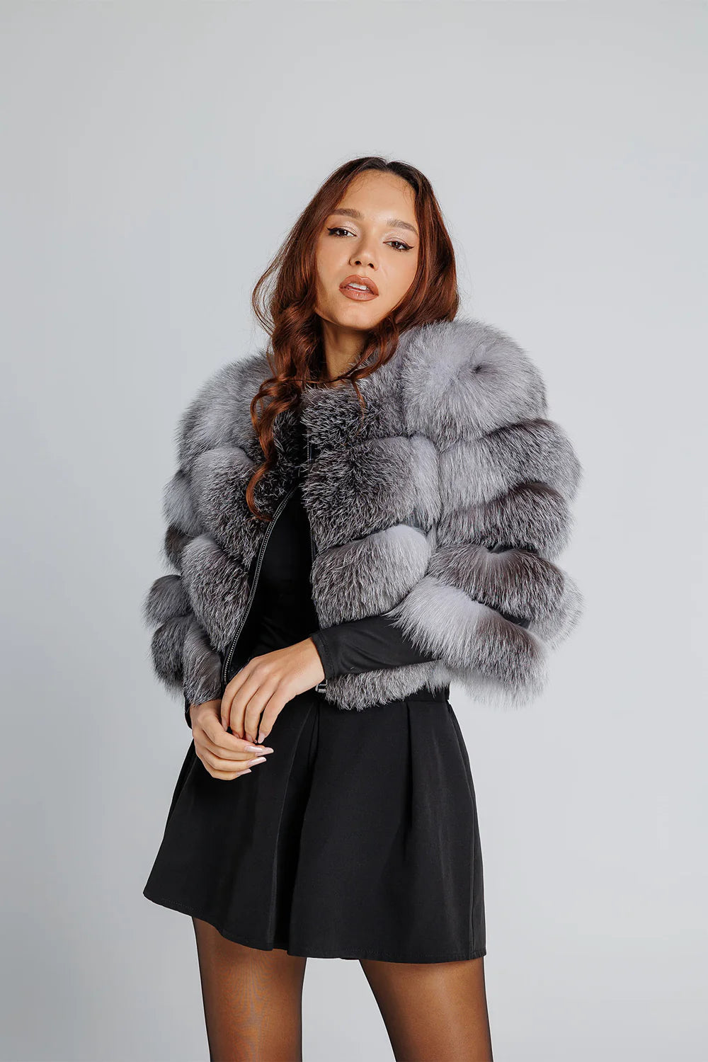 Haină din Blană Naturală de Vulpe Argintie, Short, Femei, Grey Frost 353