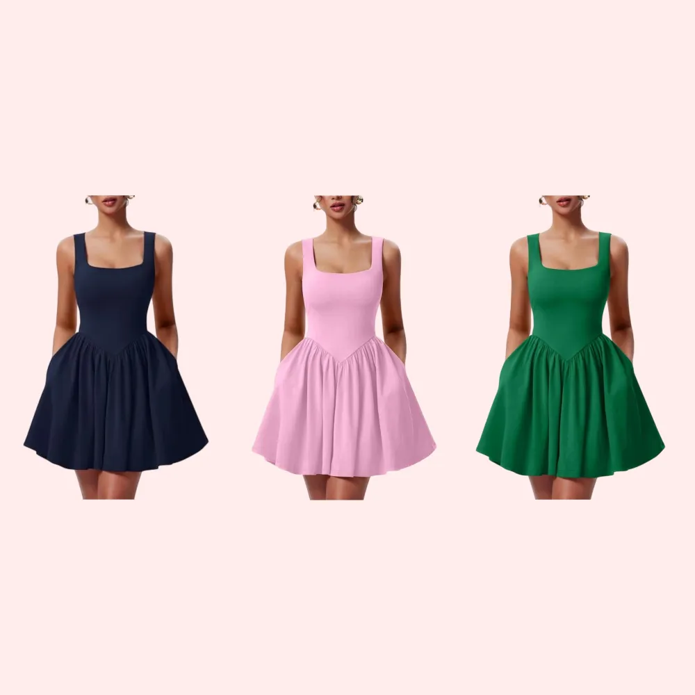 Women's Square Neck A-line Ruffle Hem Mini Tank Dress with Pockets