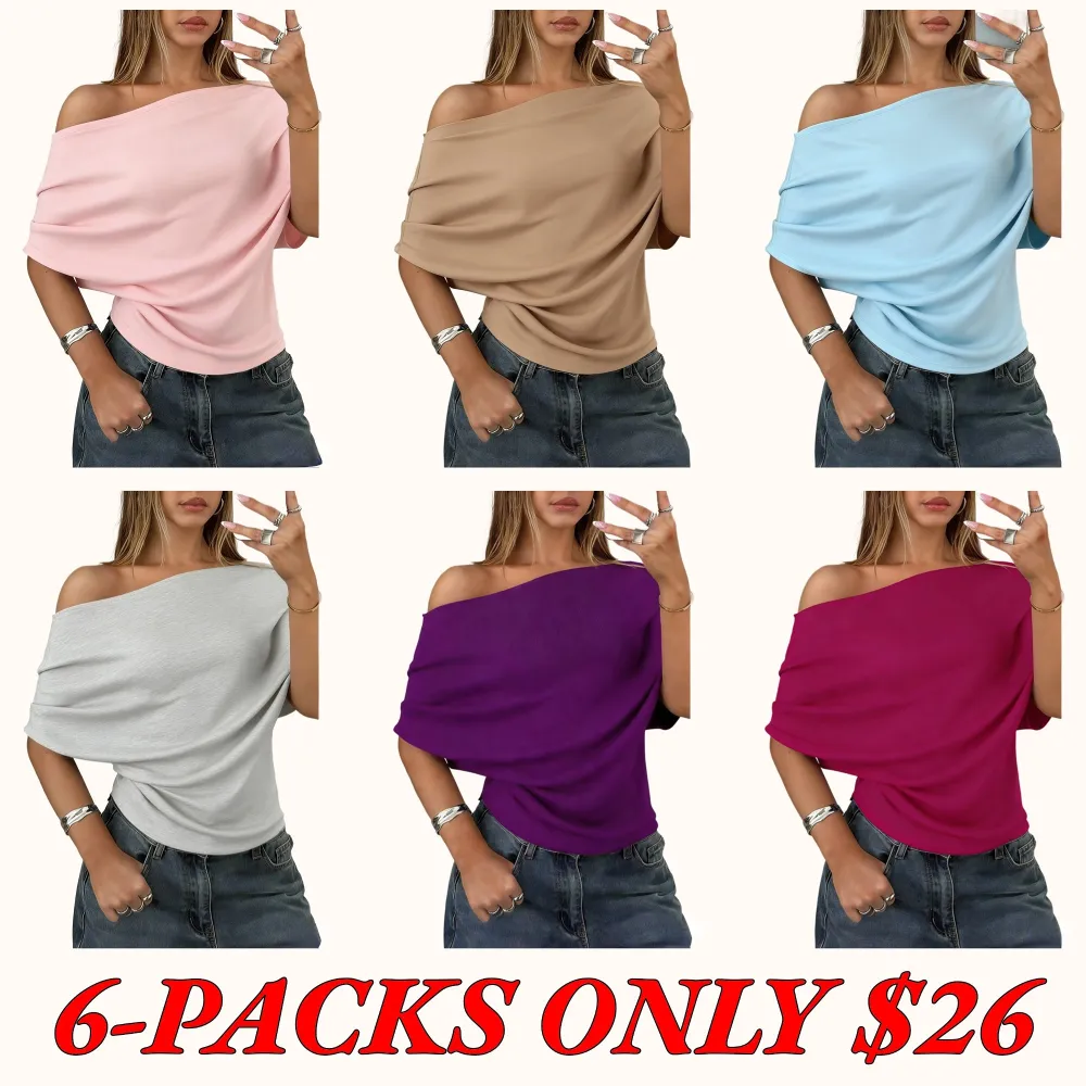 Women's Summer/Autumn Solid-Color Asymmetrical Off-Shoulder Batwing-Sleeve Knit T-Shirt