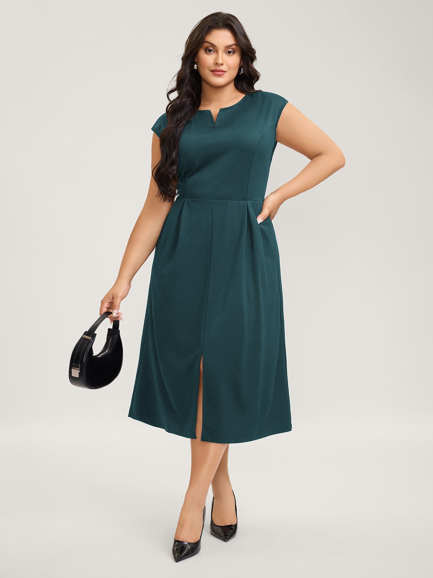 Stretchy Waist Pleated Midi Dress