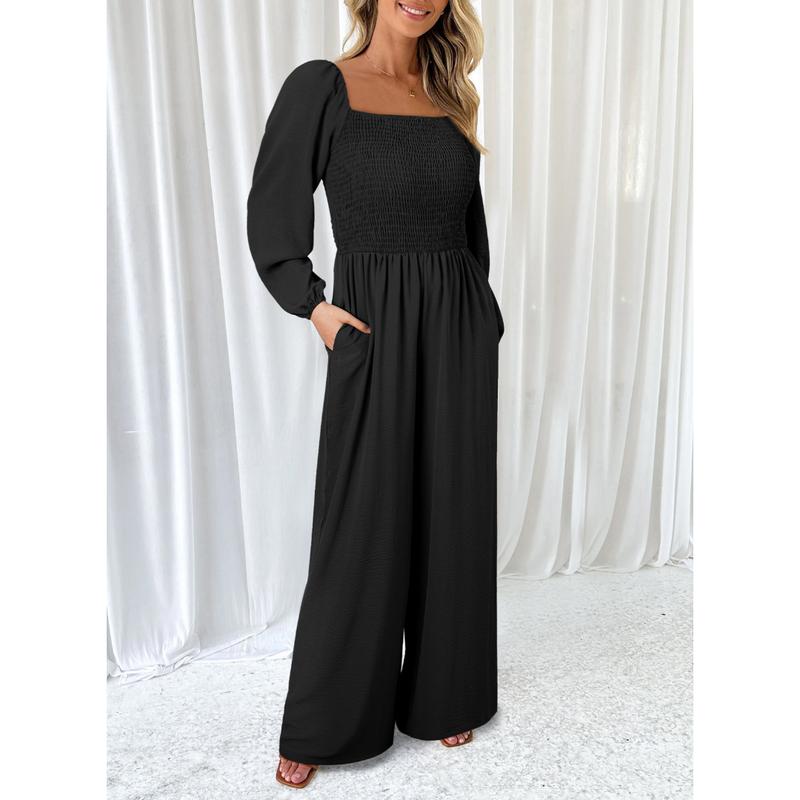 Women's Casual Loose Overalls Jumpsuits One Piece Long Sleeve Wide Leg Long Pant Rompers With Pockets