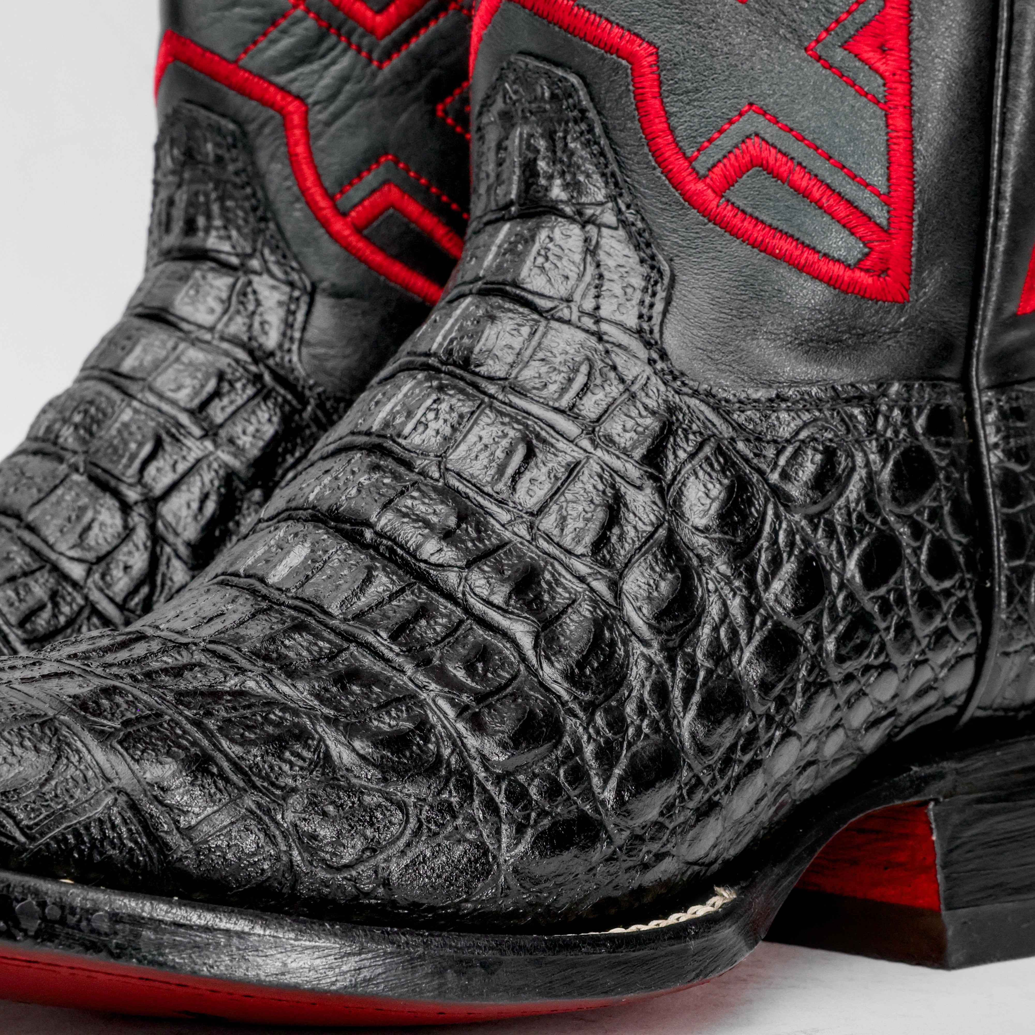 Black Caiman Hornback Leather Boots - Square Toe