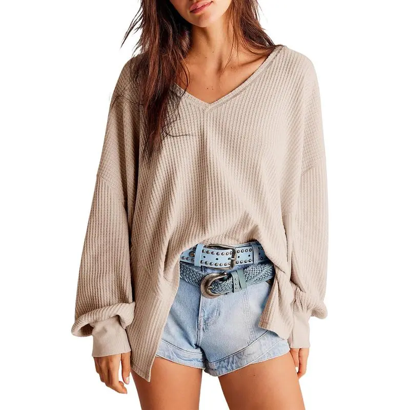 Women's Waffle Knit V-Neck Oversized Sweater