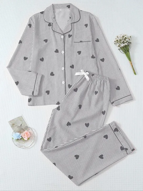 Women's Striped Bow Print Long Sleeve Pajama Set