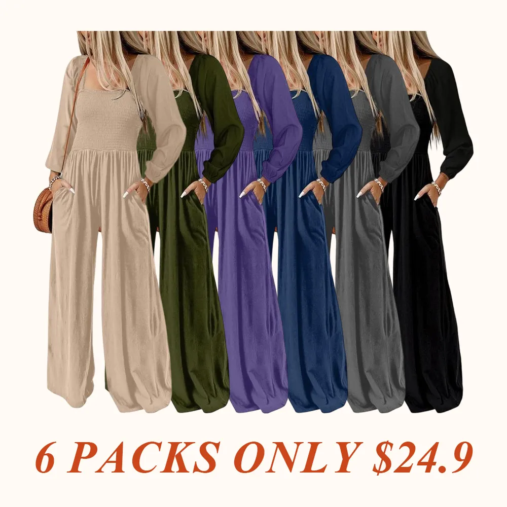 Women's Casual Loose Overalls Jumpsuits One Piece Long Sleeve Wide Leg Long Pant Rompers With Pockets