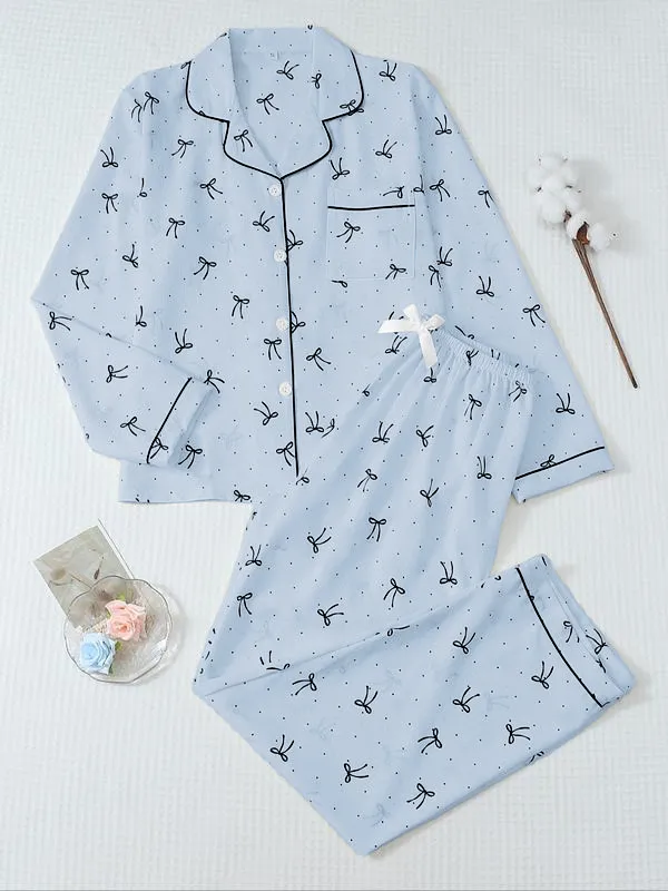 Women's Striped Bow Print Long Sleeve Pajama Set