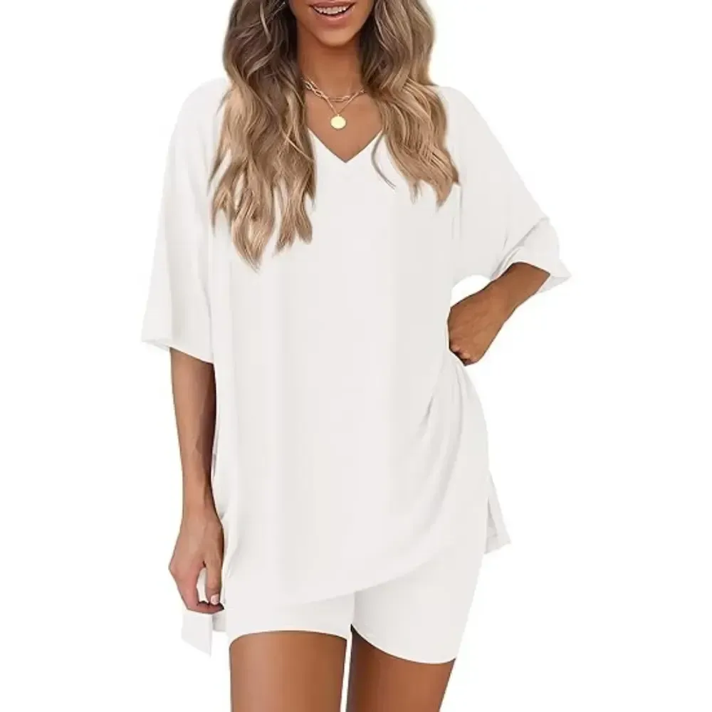 Crewneck Two-Piece Set For Women Summer Casual Oversized Split Hem Shirts