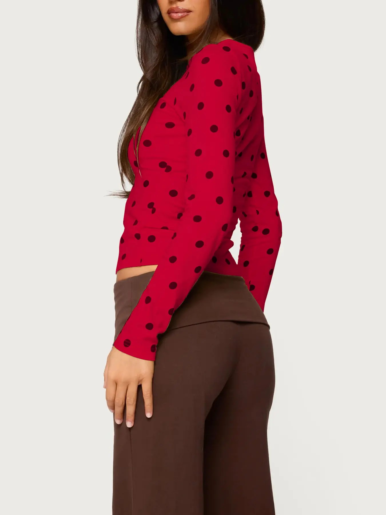 Women’s Retro Polka Dot Slim Fit Long Sleeve Crop Top – Vintage Chic Casual Style