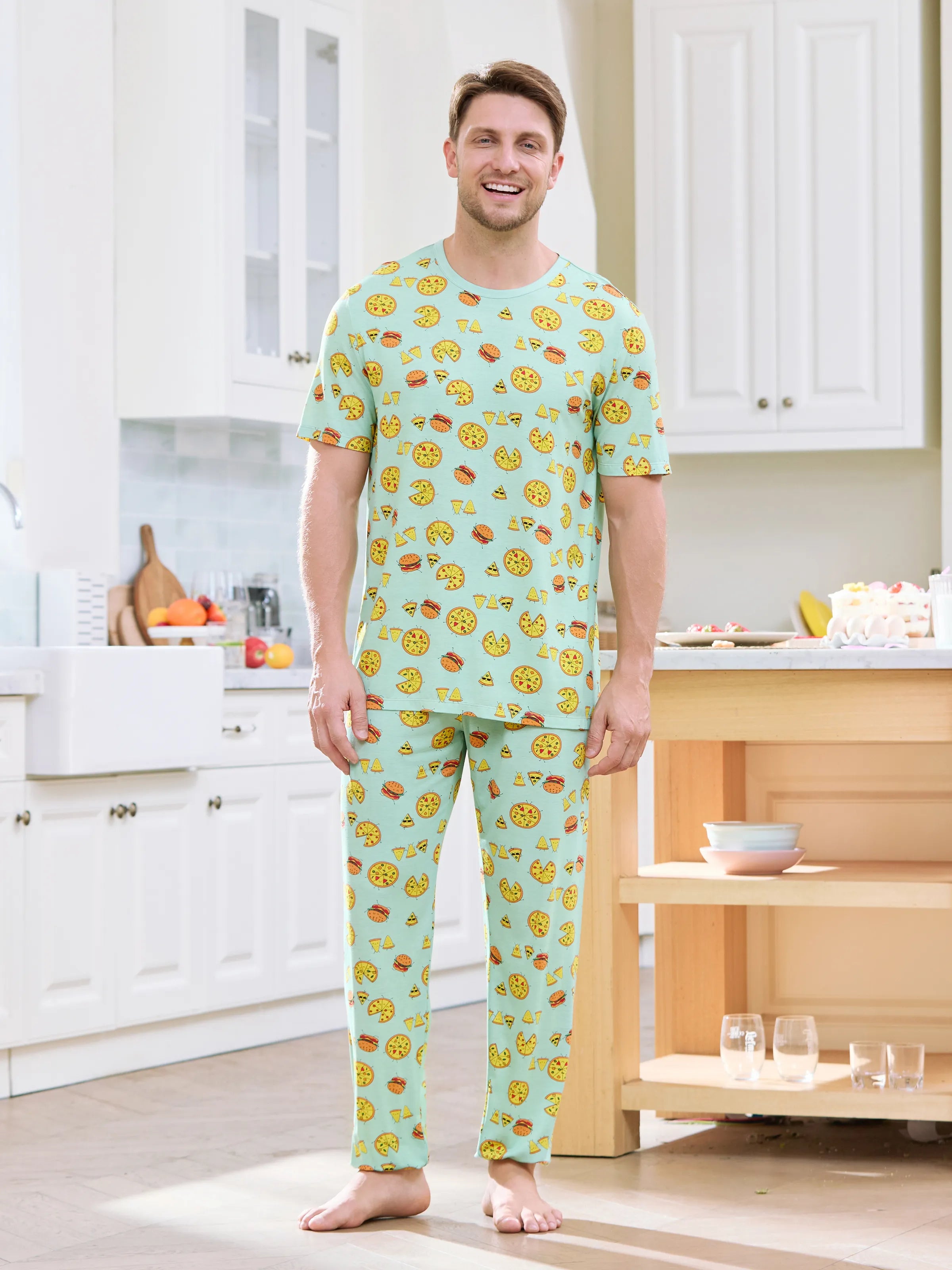 Bamboo Family Mint Green PJs Cute Cartoon Food Theme Print Short Sleeve & Long Pants Sleepwear Matching Pajama set (Snug-Fitting for Children) Light Blue