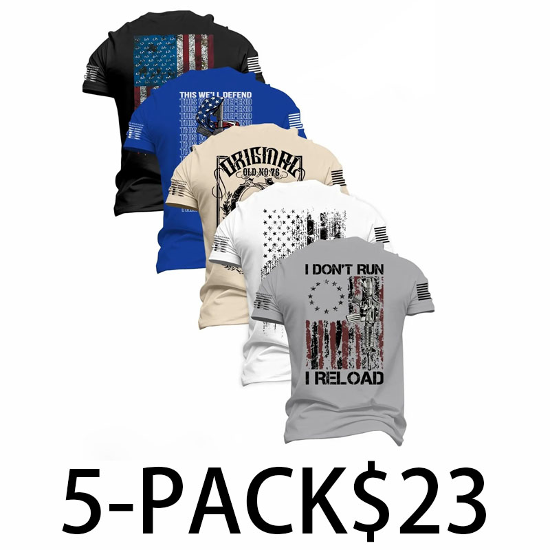 Men's 5-Pack Flag Print T-Shirts – Fitted Short Sleeve Casual Summer Tees