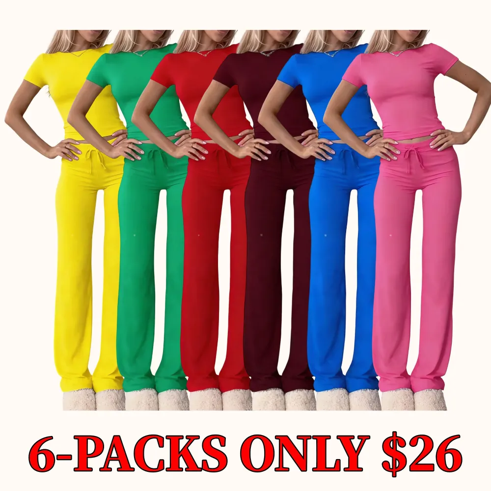 Women's solid color short-sleeved T-shirt and drawstring waist pants two-piece loungewear set