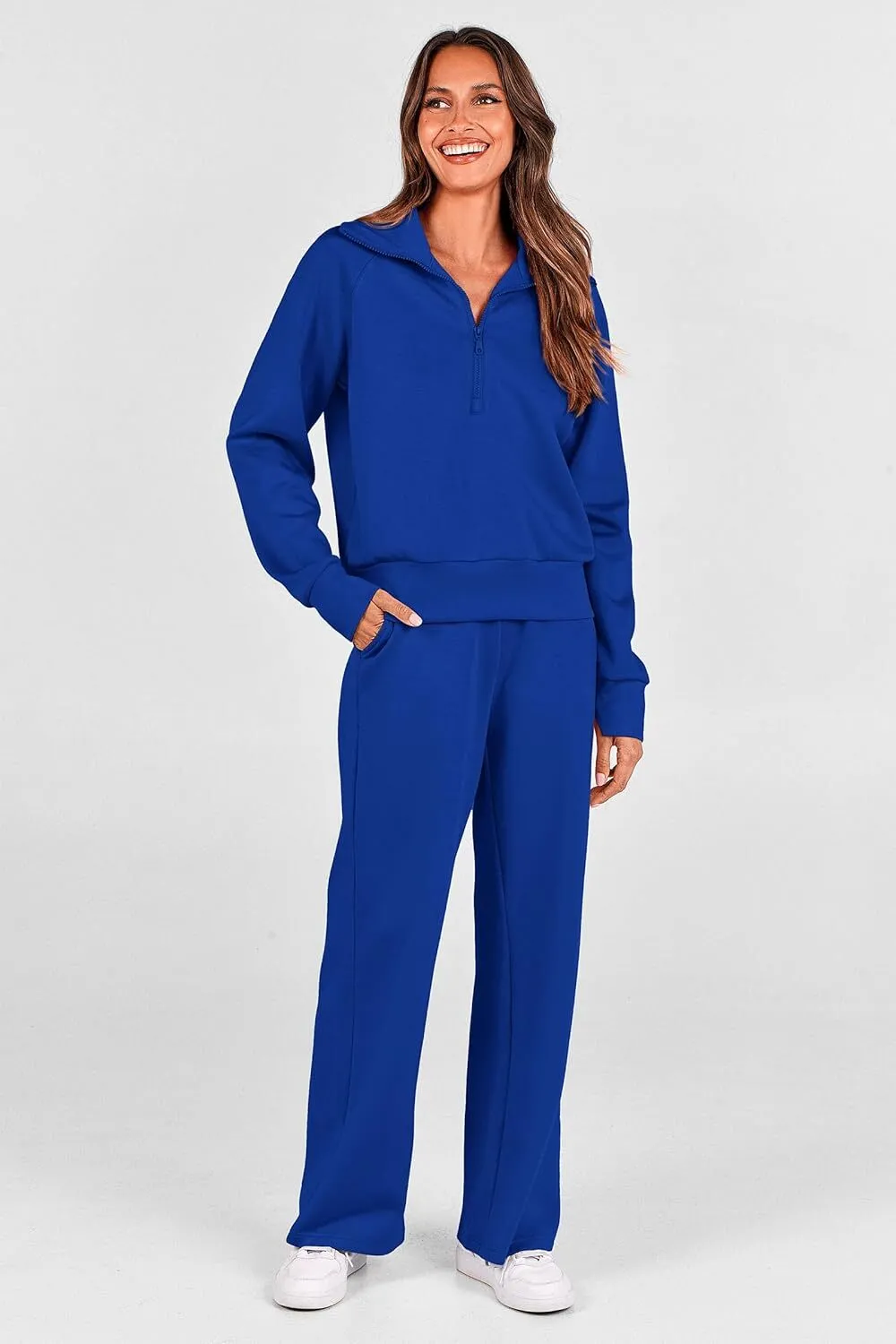 🔥Final Day Clearance!🛒Women's 2 Piece Outfits Casual Lapel Half Zip Sweatshirts And Wide Leg Pants Tracksuit Sets