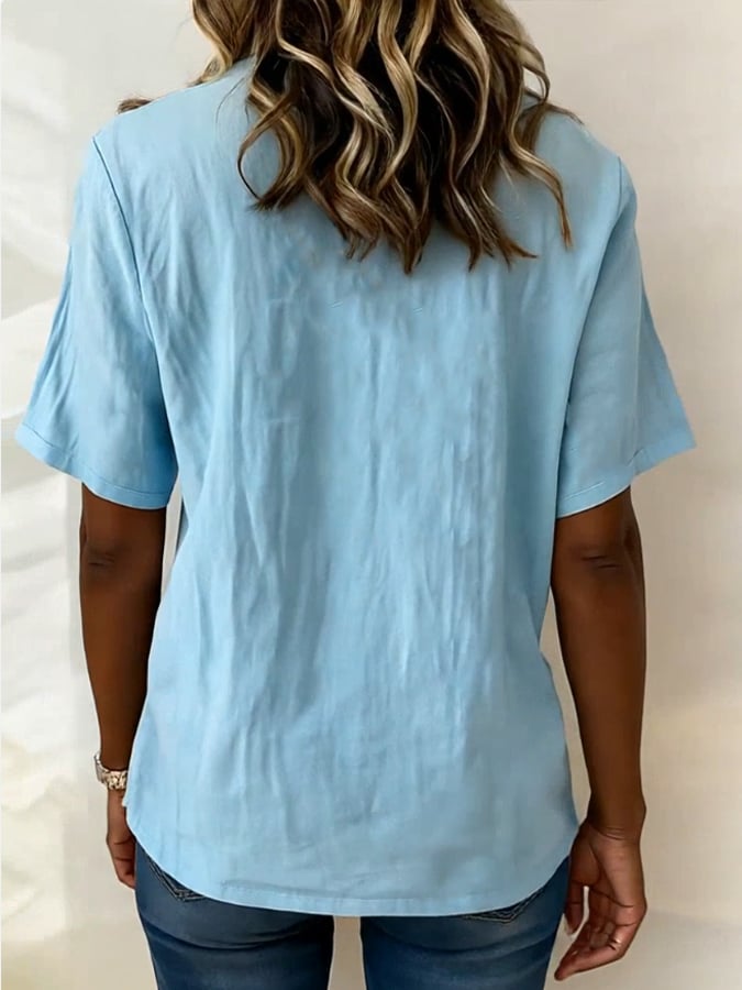 Women'S Casual Color-Blocked Embroidered Short-Sleeved Top- Fast Shipping