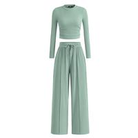 2-Piece Ribbed Knit Long Sleeve Crop Top Wide Leg Pants Matching Lounge Set Loungewear