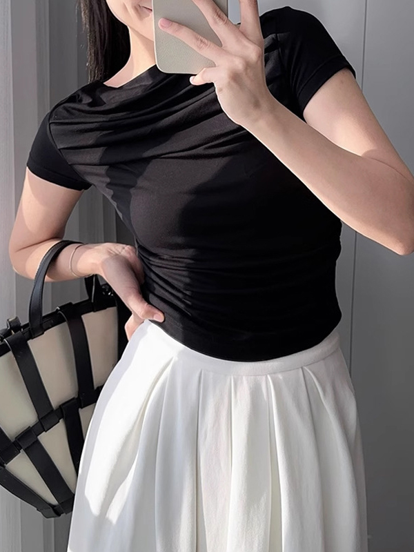 Pleated Solid Color Loose Short Sleeves Boat Neck T-Shirts Tops