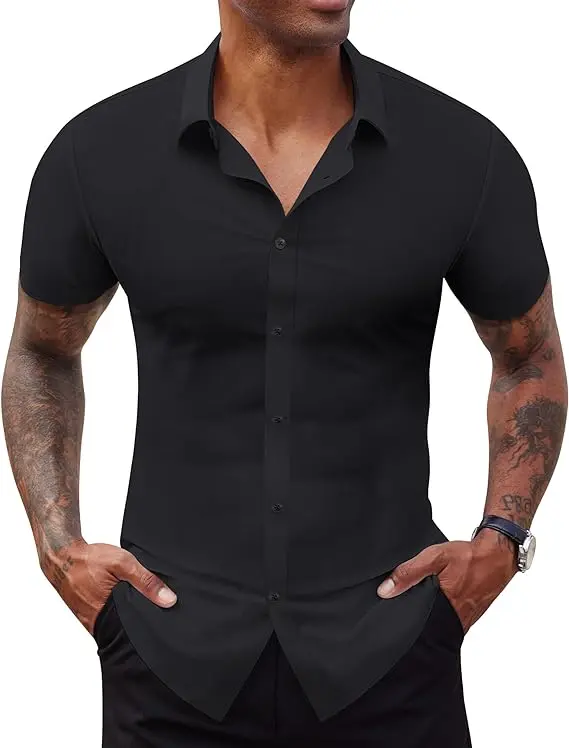 Men's Stretch Dress Shirts Short Sleeve Slim Fit Business Casual Button Down Shirts