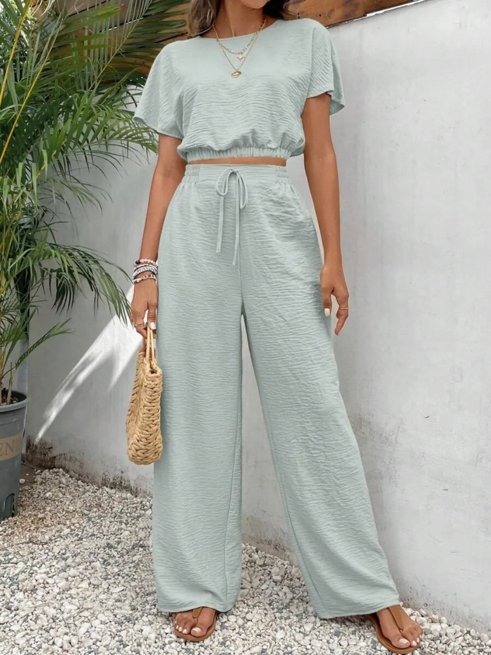 Women's Solid Color Fitted Top & Wide Leg Pants Two-piece Set, Casual Round Neck Top & Drawstring Waist Trousers for Summer