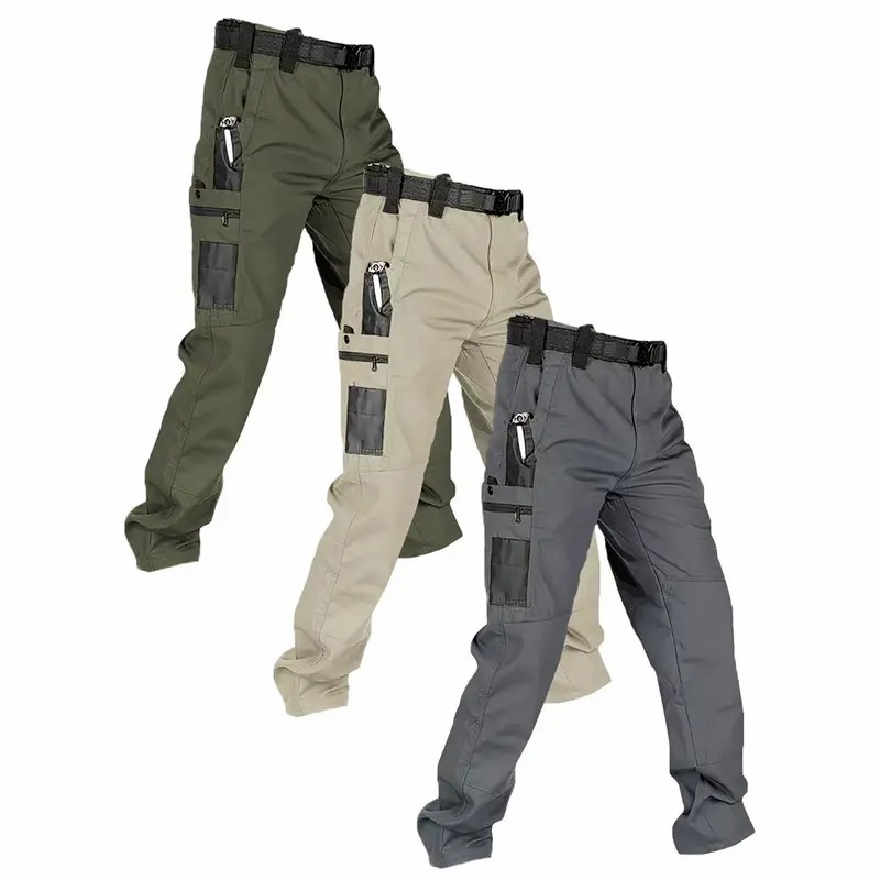 Men's Solid Color Waterproof Tactical Work Pants - 3-Piece Set, Belt-Free, Multi-Pocket, Durable Outdoor Hiking & Casual Pants (Regular Fit)