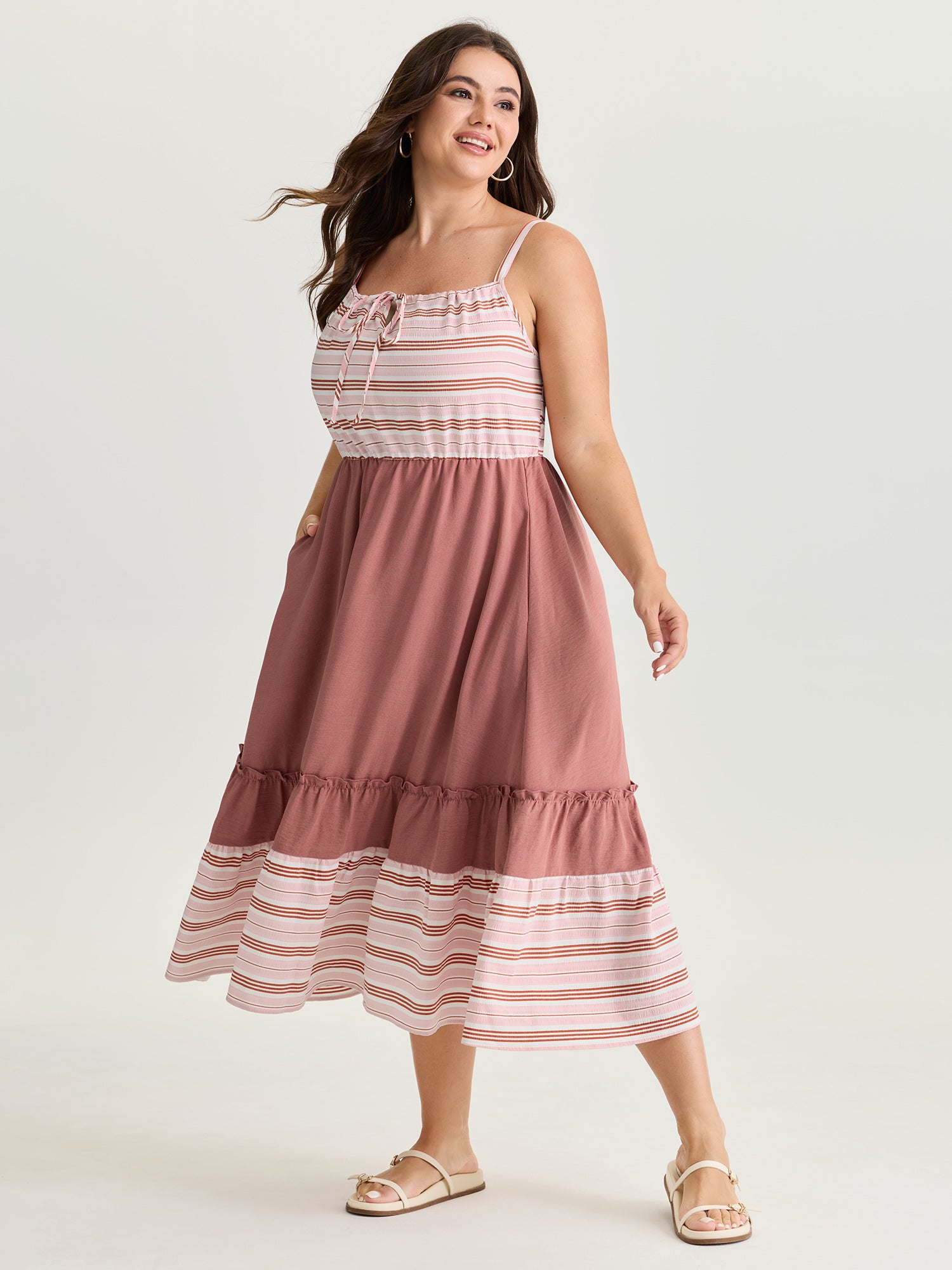 Striped Color Contrast Tiered Midi Dress