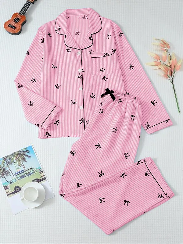 Women's Striped Bow Print Long Sleeve Pajama Set