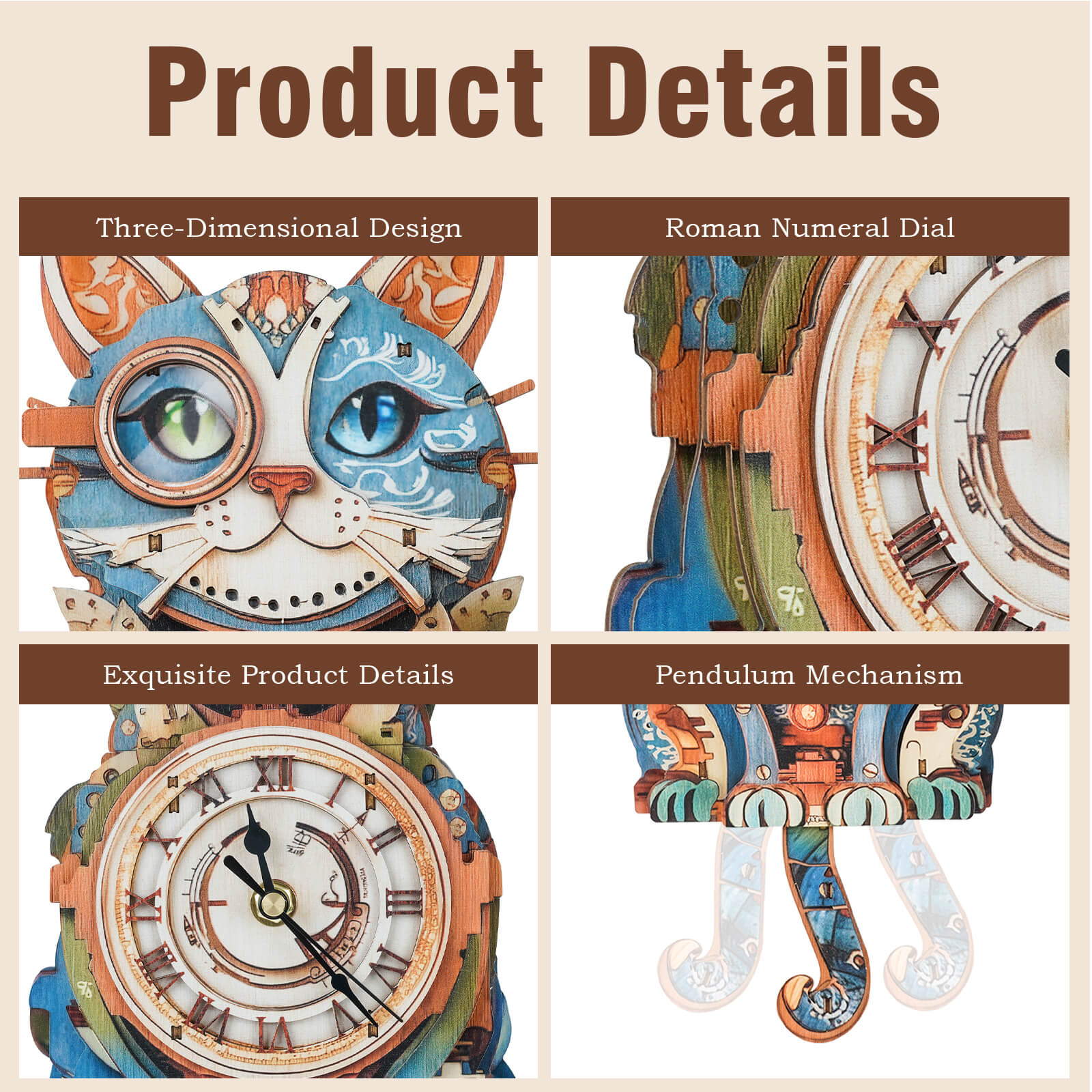 Cat Detective– DIY Wooden Clock, 3D Puzzle Craft Kit