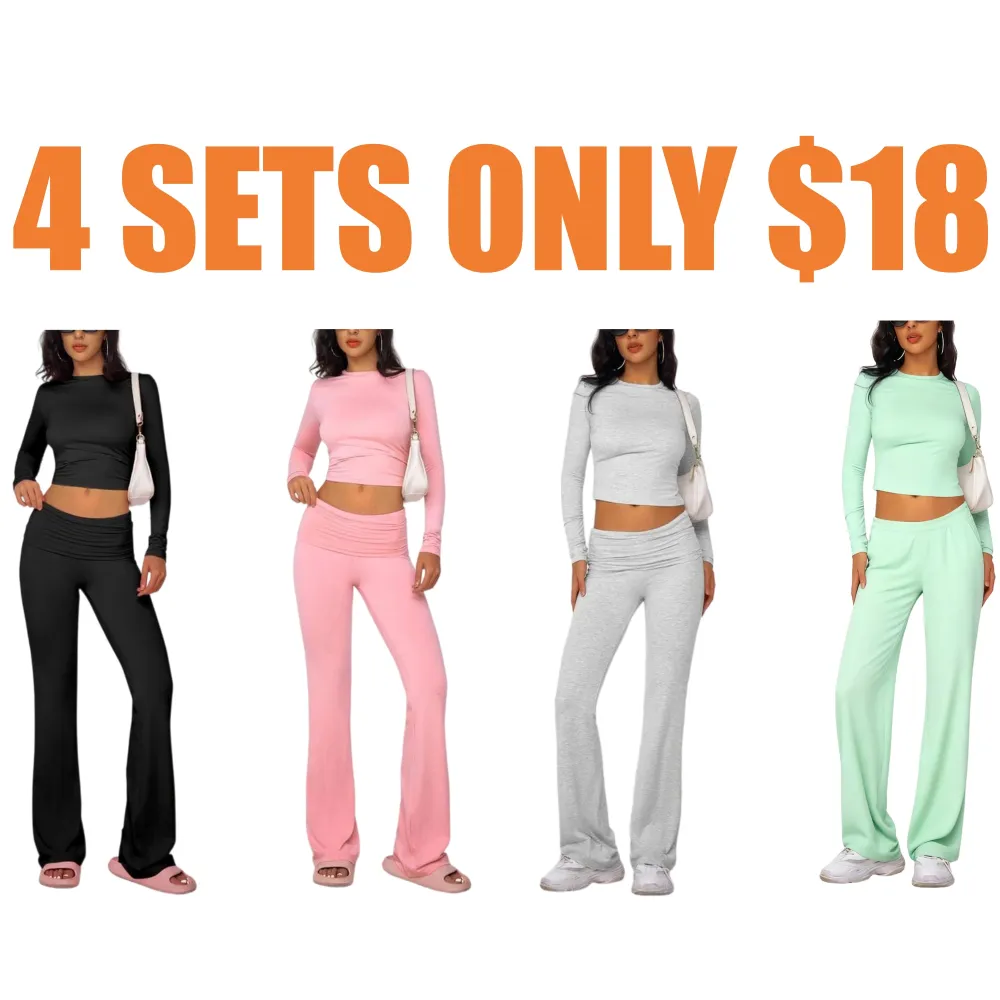 Casual Longsleeves Crop Tee & Fold Over Waist Flare Leg Pants Set