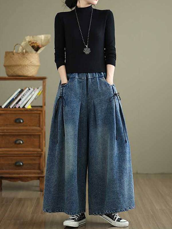 Elasticity Pleated Pockets High Waisted Loose Jean Pants Bottoms