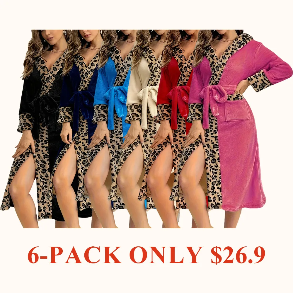 Women's Leopard Print Warm Bathrobe