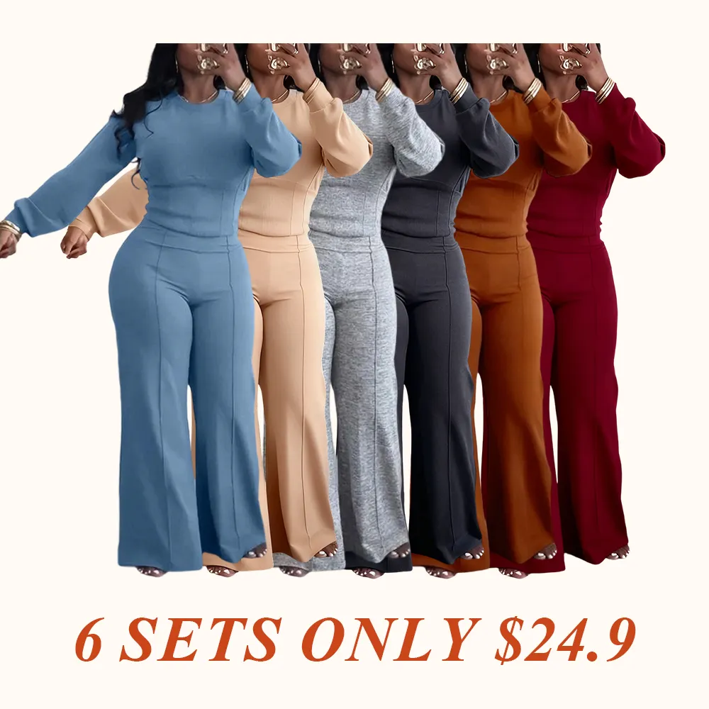 Women's 2 Pieces Outfit O-neck Long Sleeve Cinched Waist Sweatshirt and Elastic Waist Wide Leg Pants Set