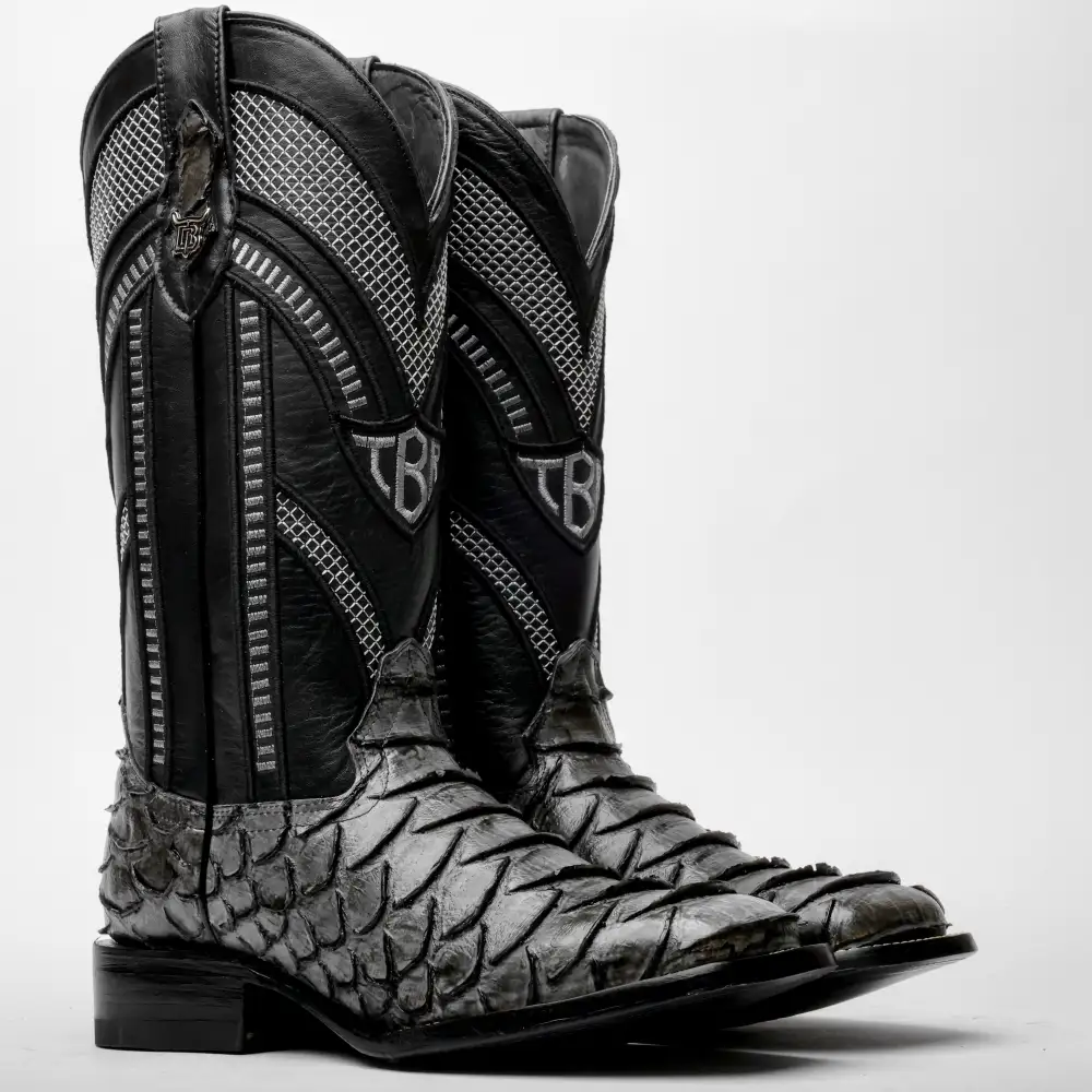 Grey Jumbo Python Leather Boots - Square Toe