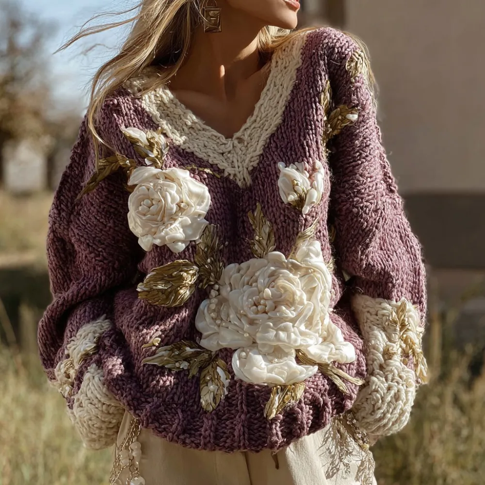 Women's Vintage White Rose Pattern Warm Knitted V-neck Sweater