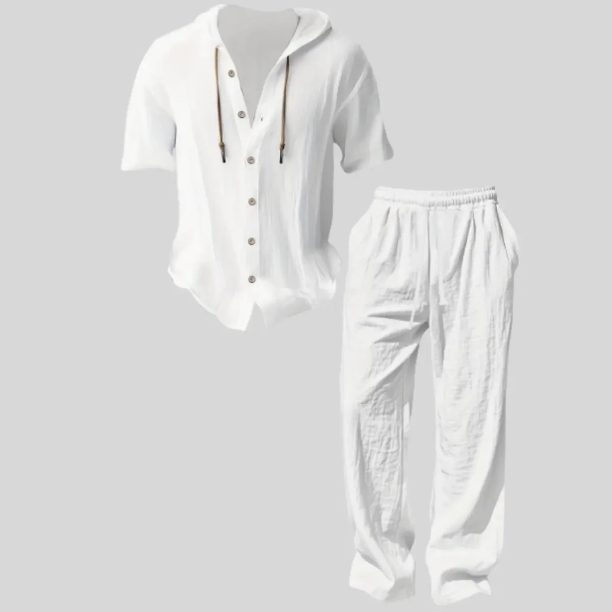 Men’s lightweight two-piece set with a hood, casual vacation style, loose and breathable thin fabric, hooded sweatshirt and wide-leg pants, for summer wear