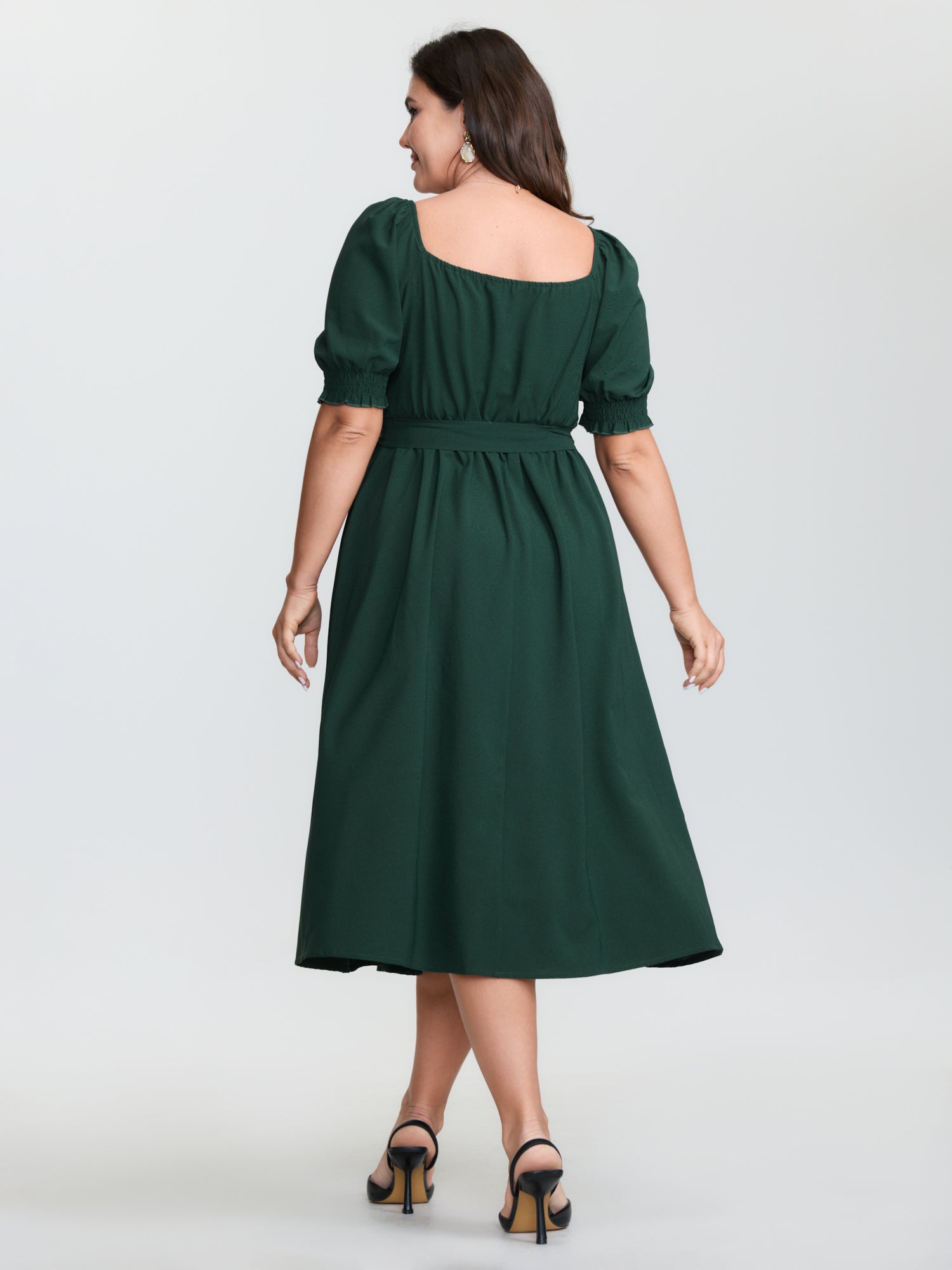 Plicated Detail Sweetheart Neck Pockets Belted Midi Dress