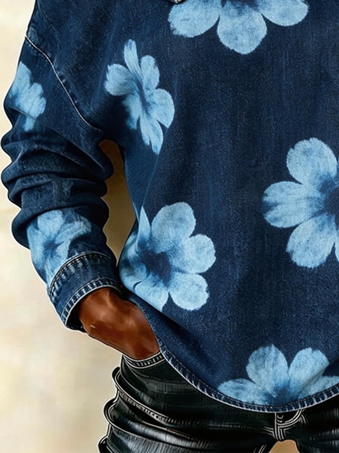 Women's denim casual printed off-shoulder top