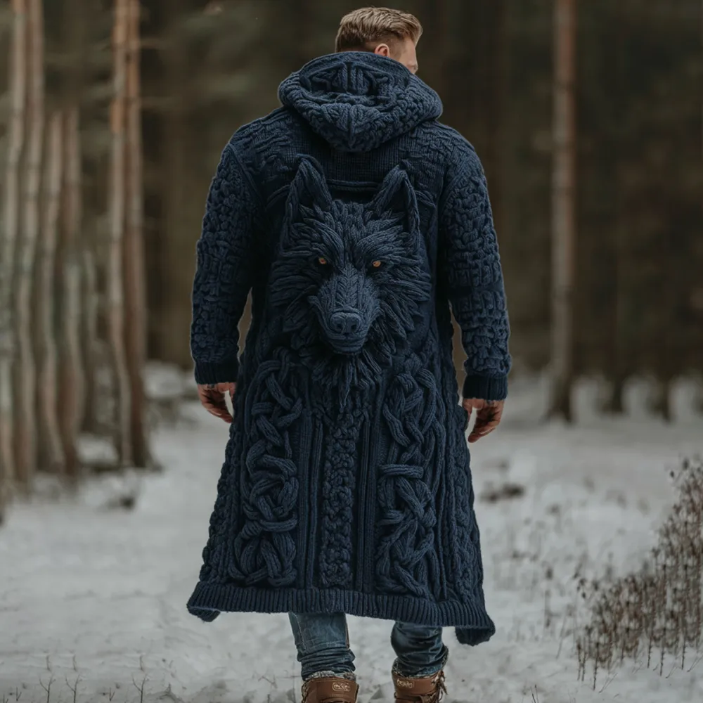 Men's Viking Wolf Celtic Knot Art Pocket Mid-length Cardigan Sweater
