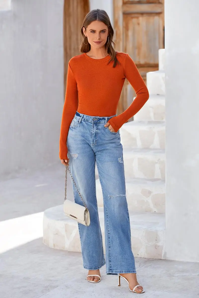 Women's Casual Long Sleeve Crew Neck Top - Slim Fit Basic Going-Out Blouse for Summer & Fall