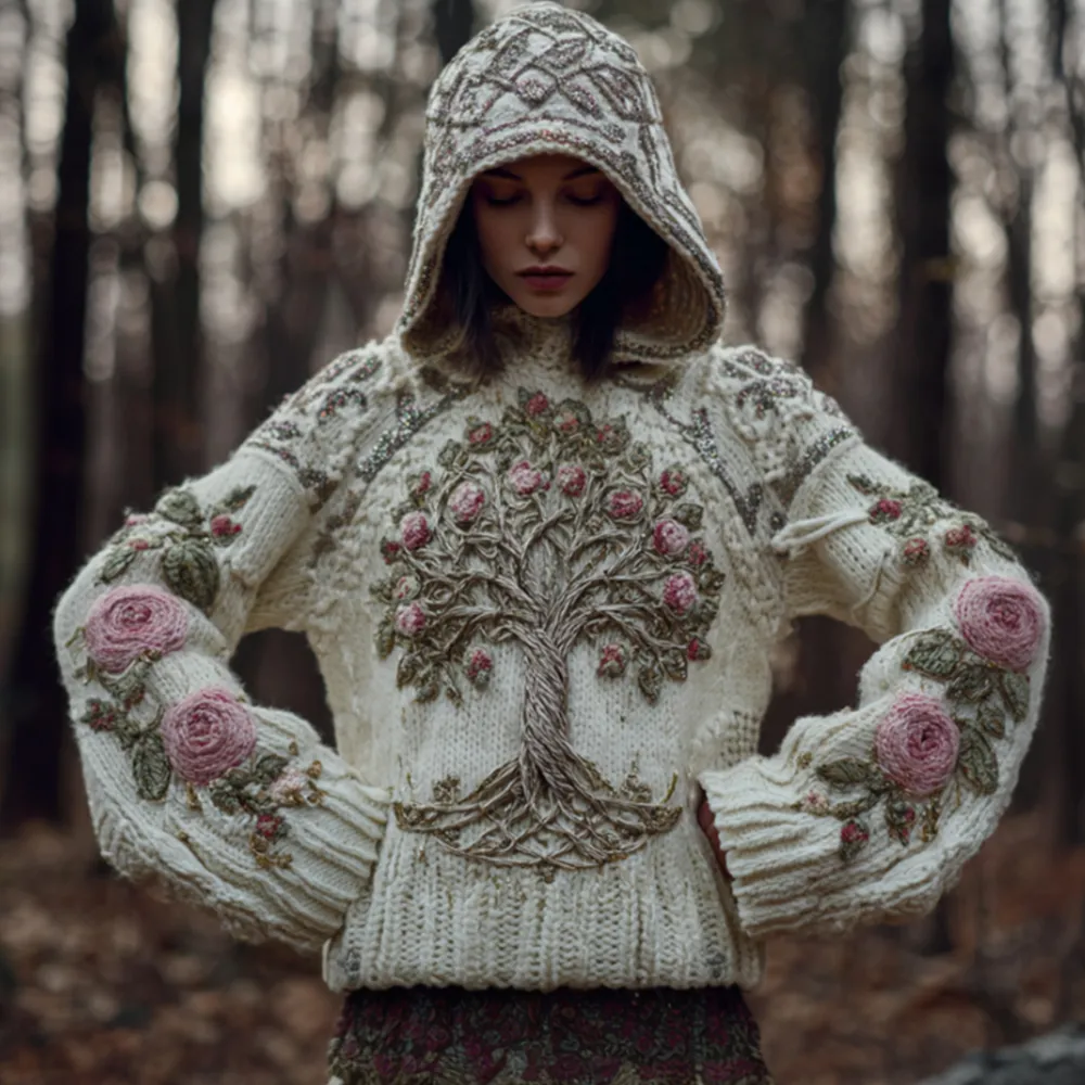Women's Viking Style Tree Of Life And Rose Retro Warm Hooded Sweater