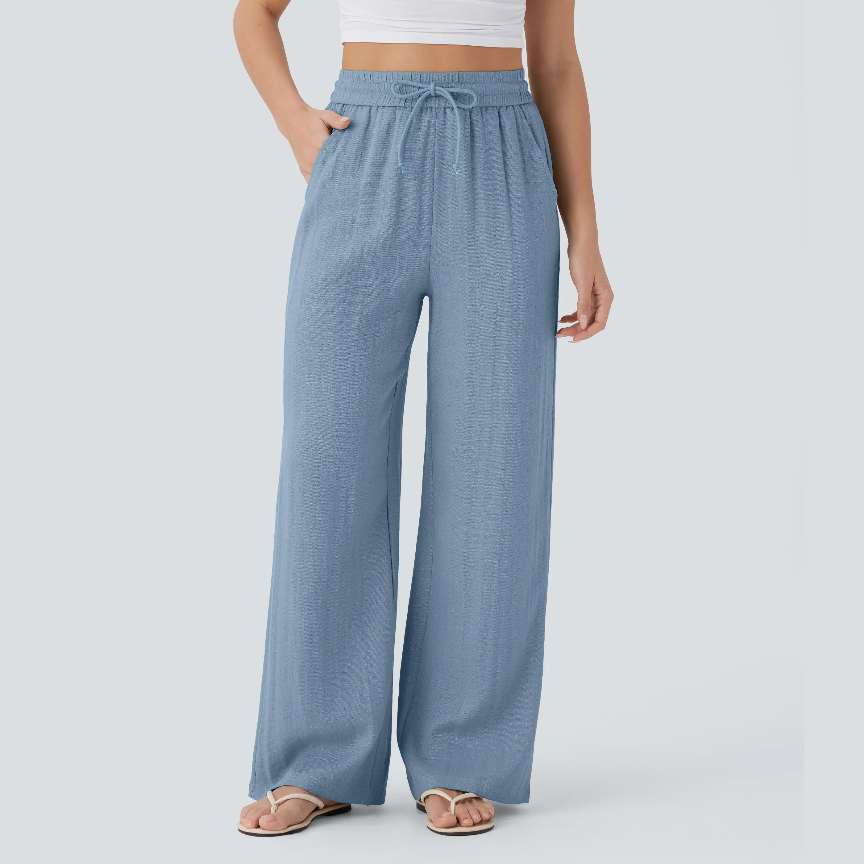 High Waisted Drawstring Pocket Wide Leg Casual Linen-Feel Pants