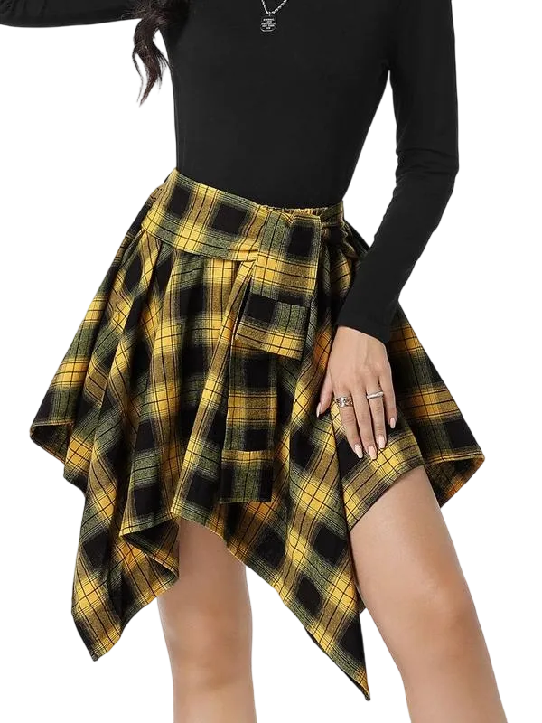 Women's Fashion Plaid Print Asymmetrical Hem High Waisted Skirt