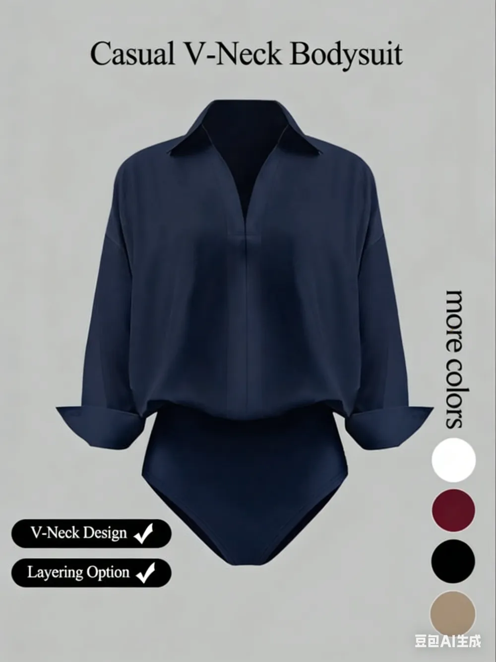 Women's casual loose-fitting V-neck long-sleeved shirt jumpsuit, made from elegant woven fabric