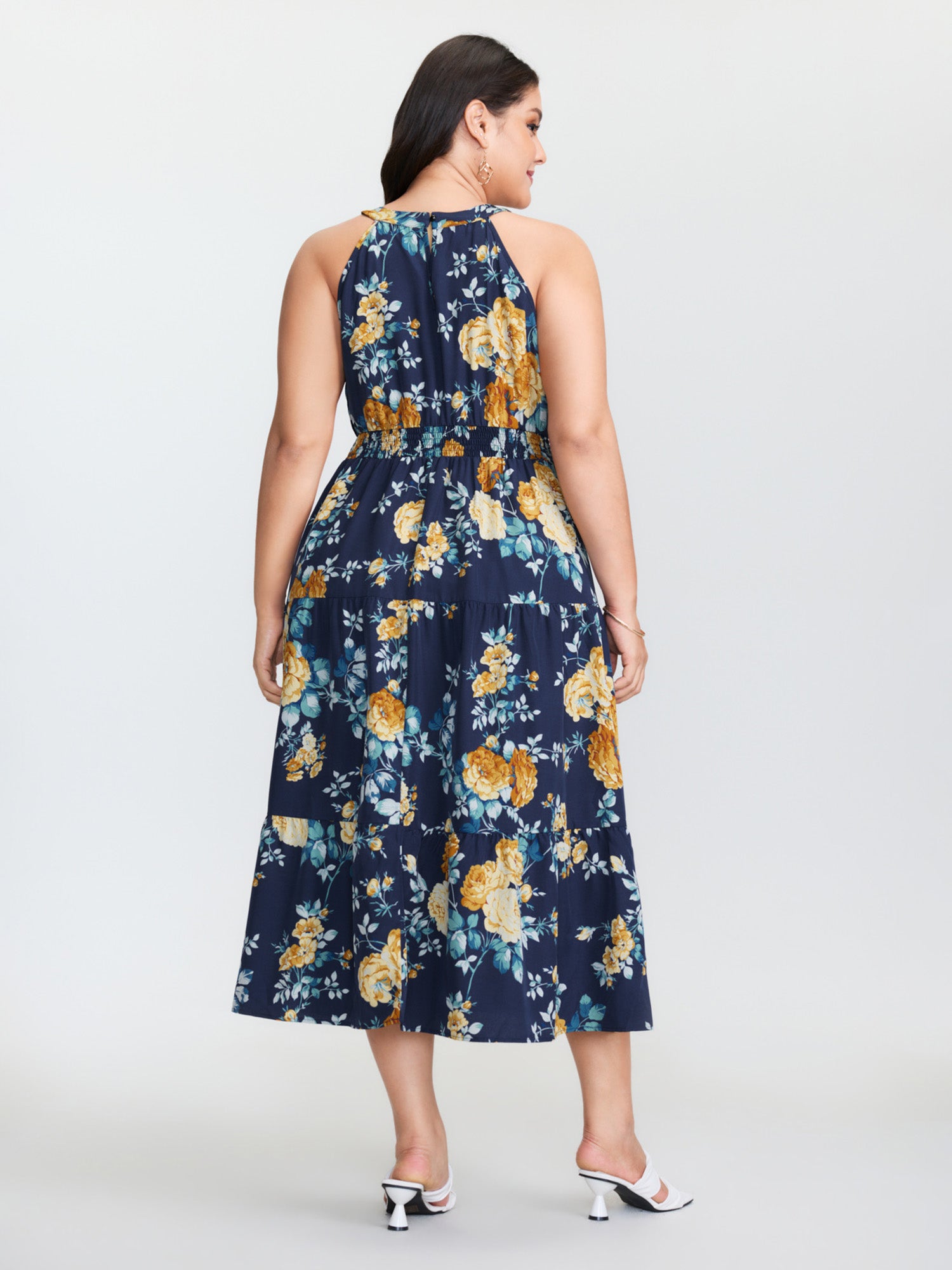 Shirred Floral Print Halter Neckline Maxi Dress